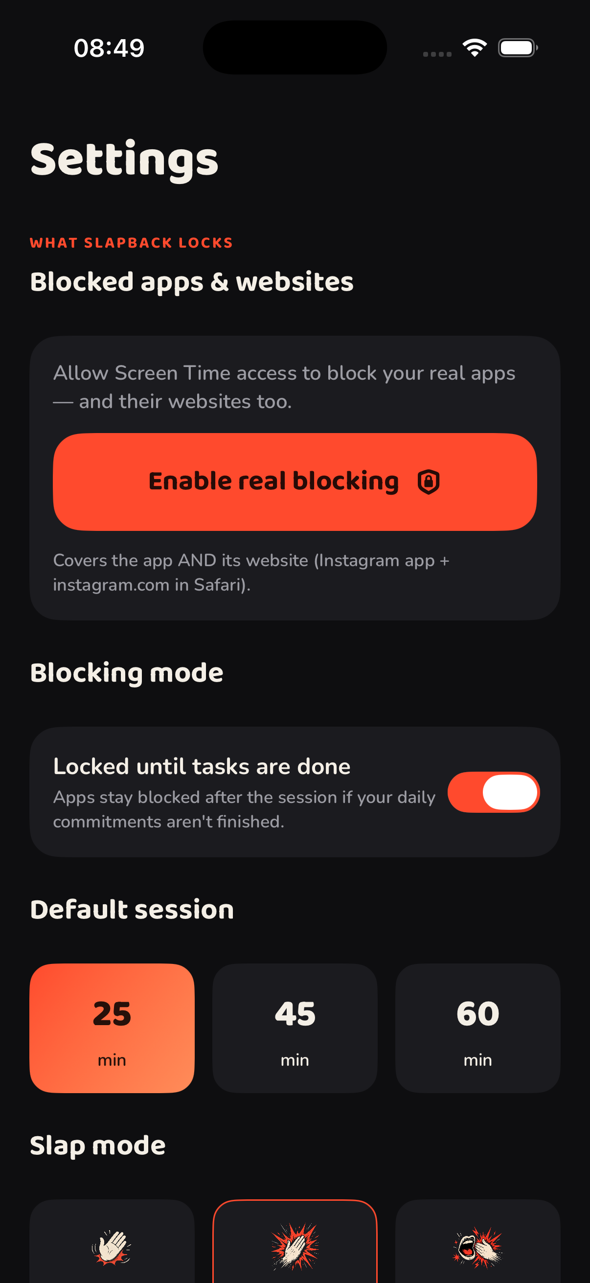 Slapback Settings screen with blocking and slap modes