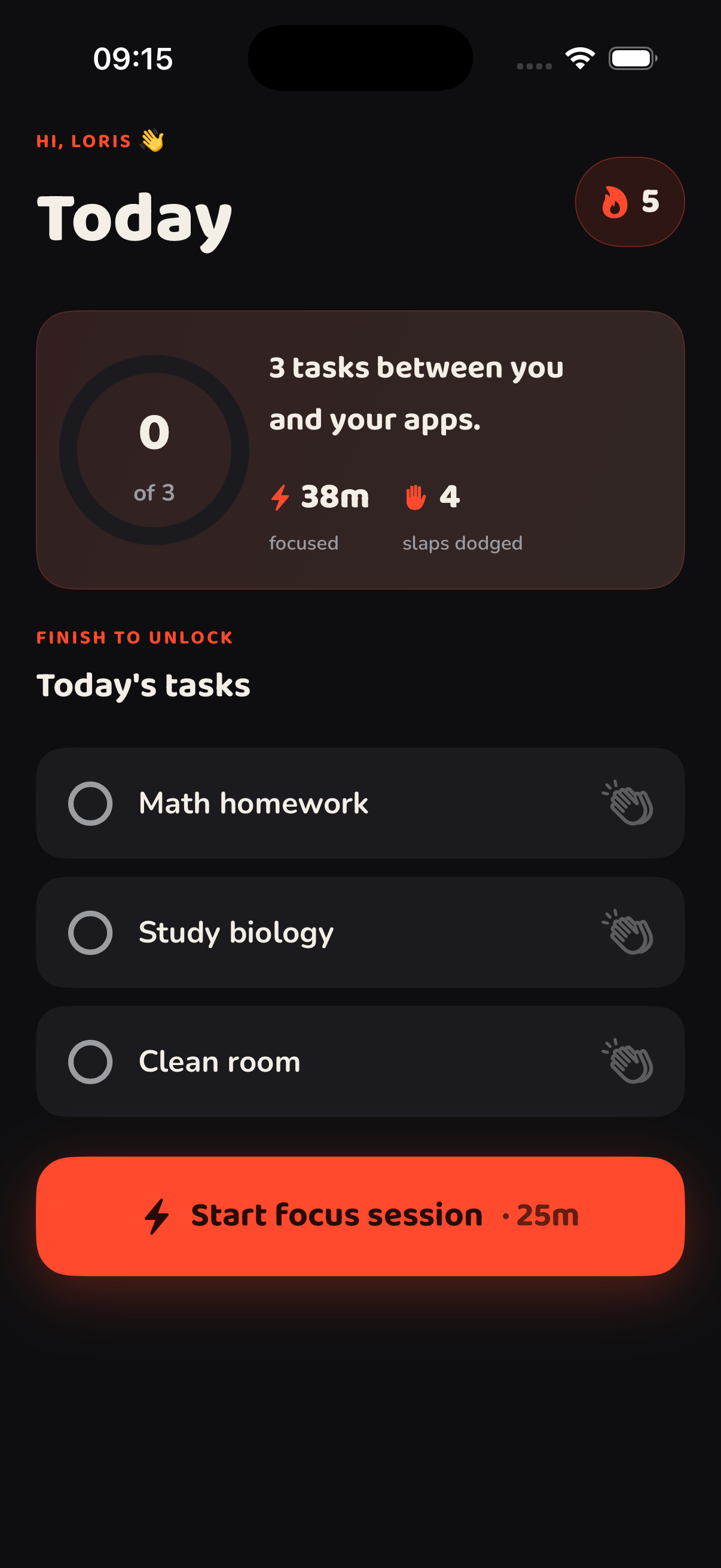Slapback Today screen with streak, tasks and focus session